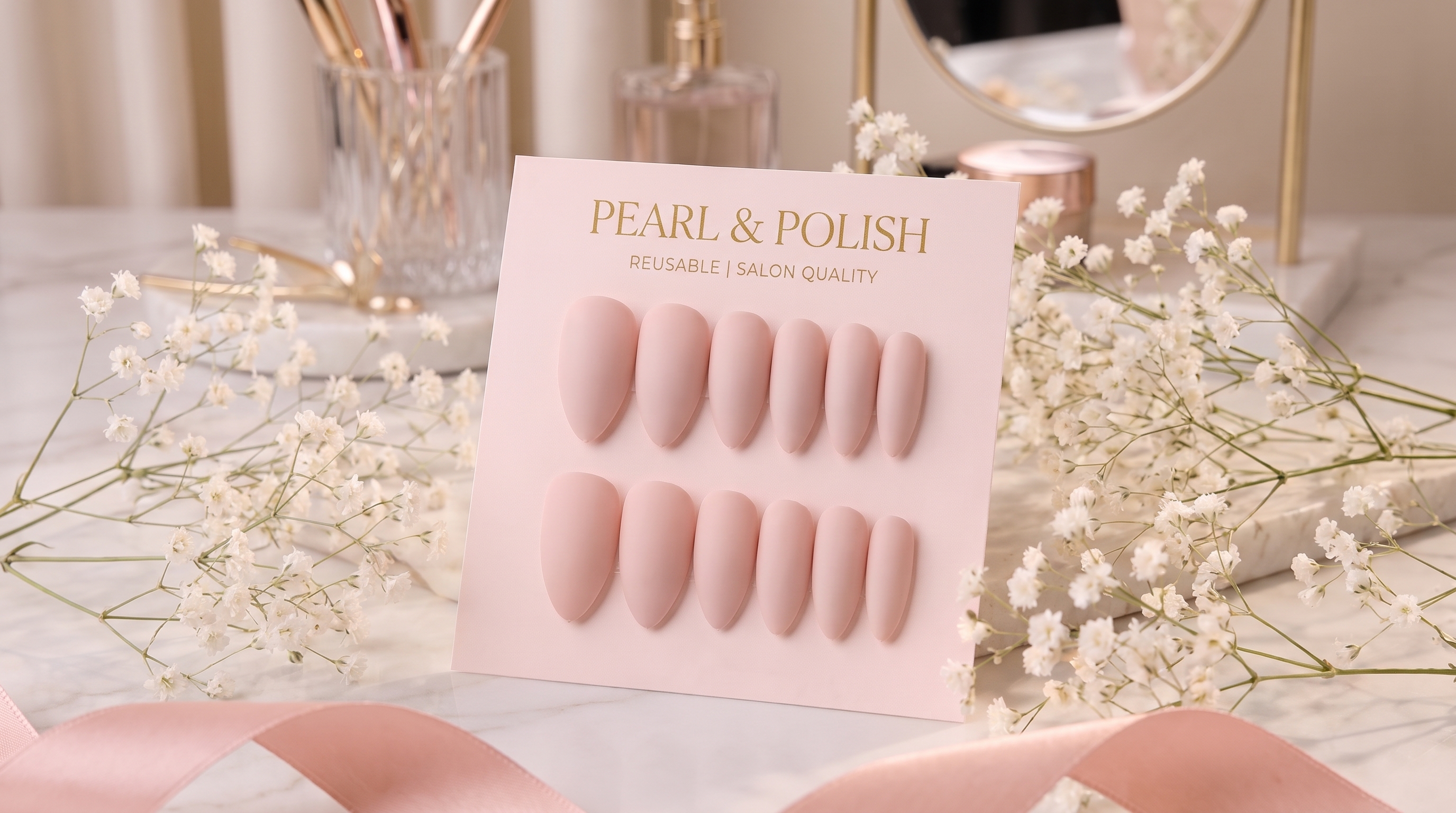 Ballet Blush: blush pink matte almond press-on nails, displayed on a pink Pearl & Polish card