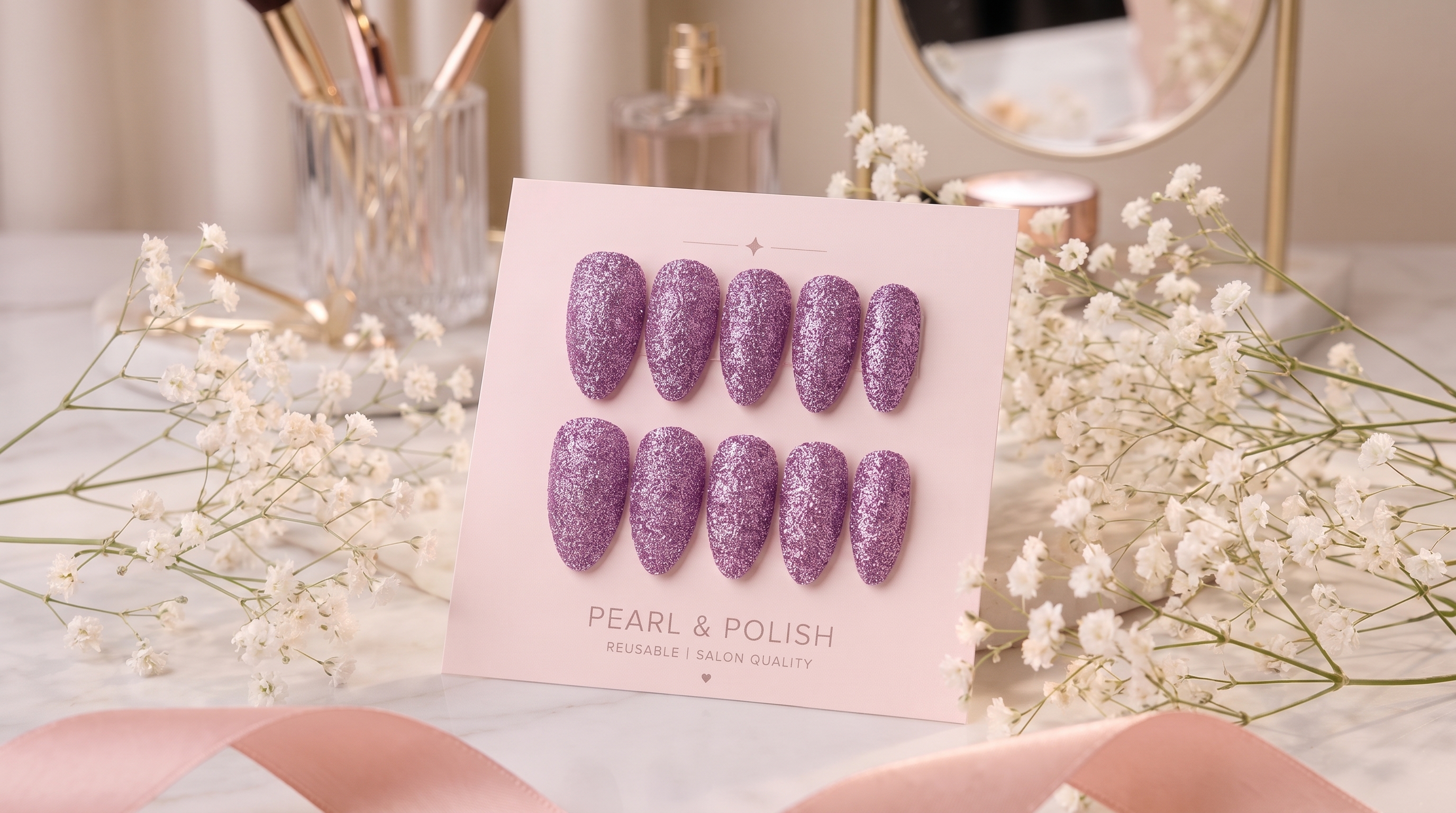 Berry Spark: purple glitter almond press-on nails, displayed on a pink Pearl & Polish card