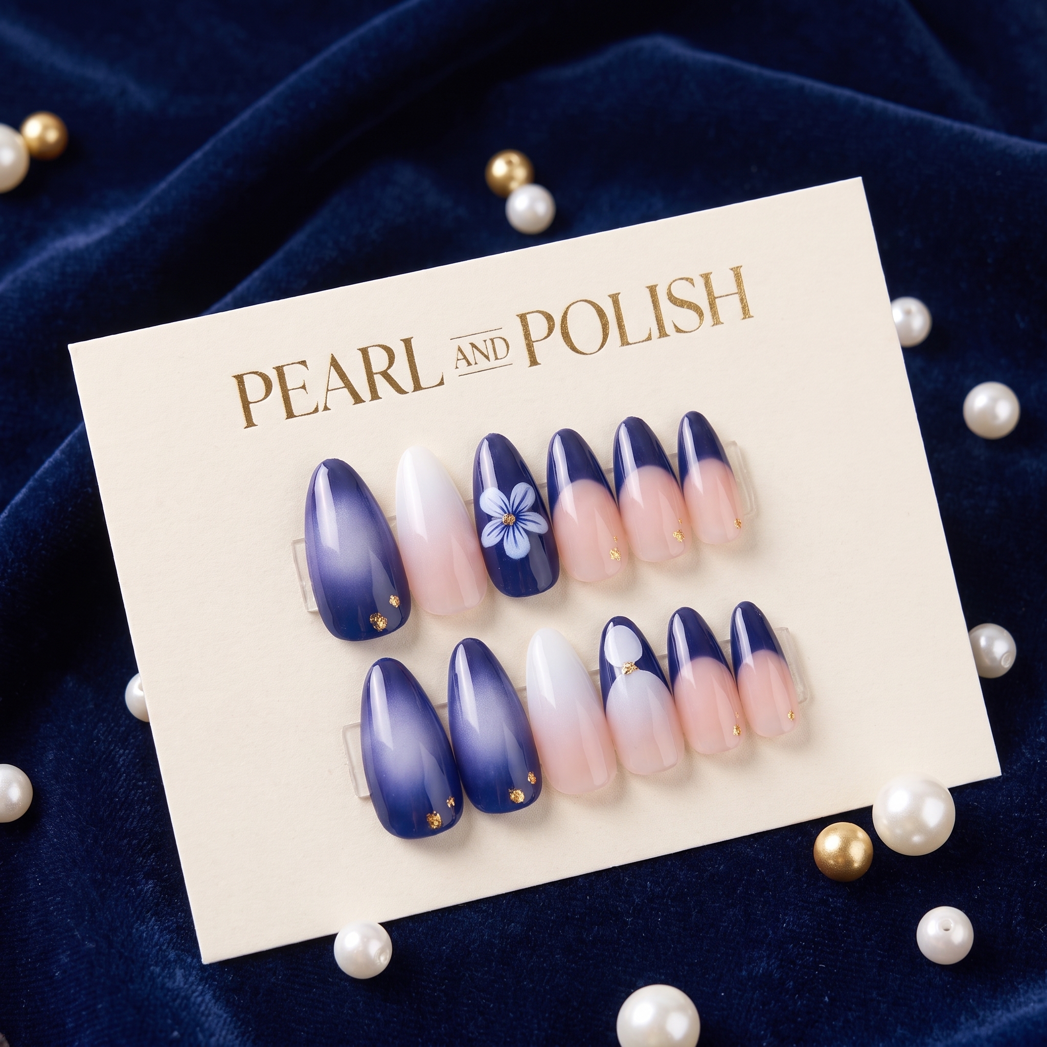 Blue Floral French Almond Press-On Nails displayed on a Pearl & Polish product card