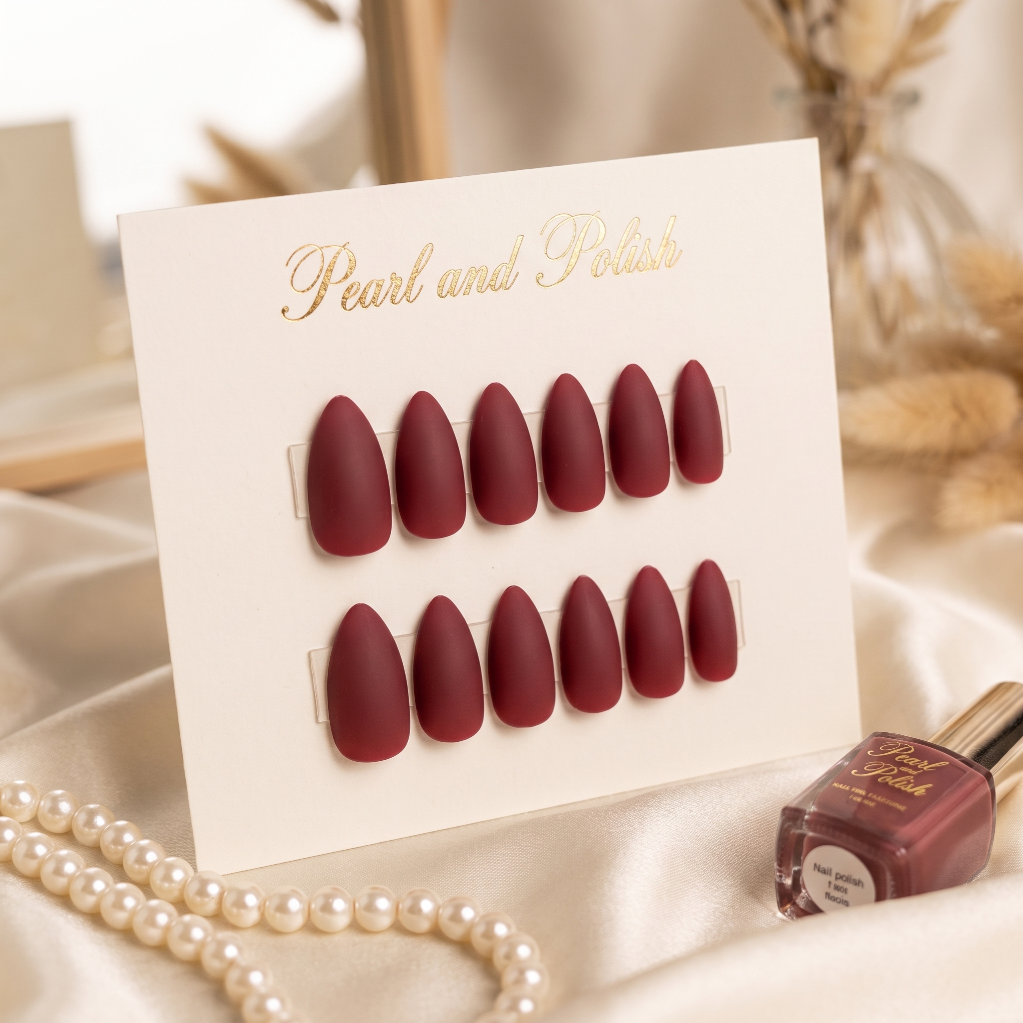 Burgundy Matte Almond Press-On Nails displayed on a Pearl & Polish product card