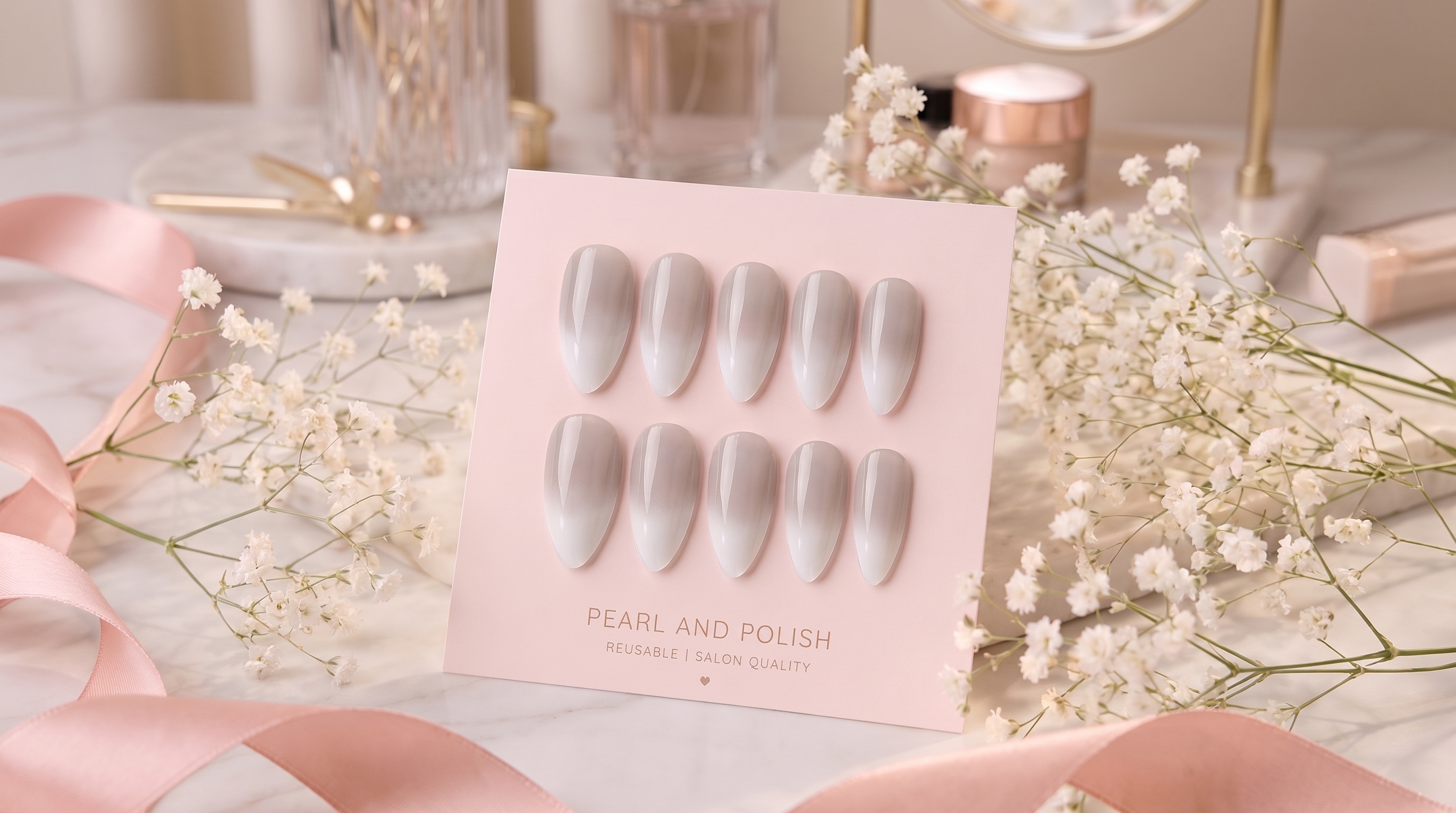 Cloud Fade: grey white ombre almond press-on nails, displayed on a pink Pearl & Polish card