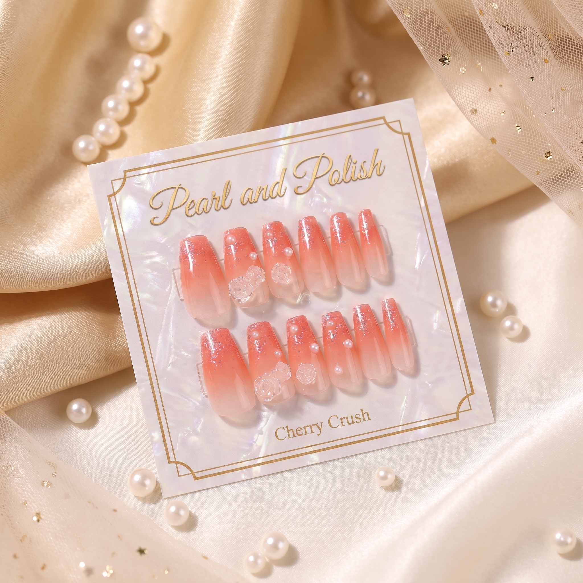 Coral Ombre Coffin Press-On Nails with Pearls displayed on a Pearl & Polish product card
