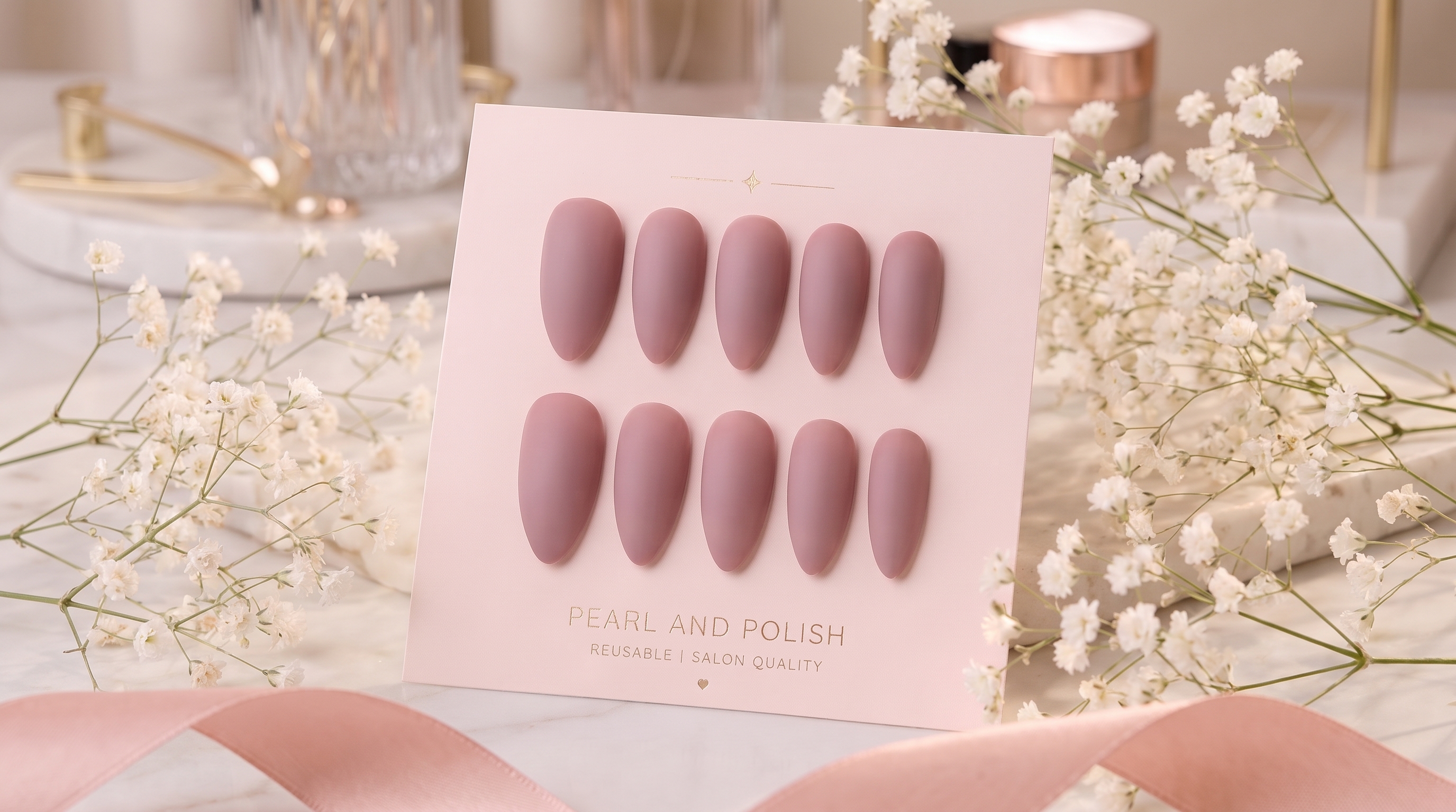 Dusty Rose: dusty rose matte almond press-on nails, displayed on a pink Pearl & Polish card