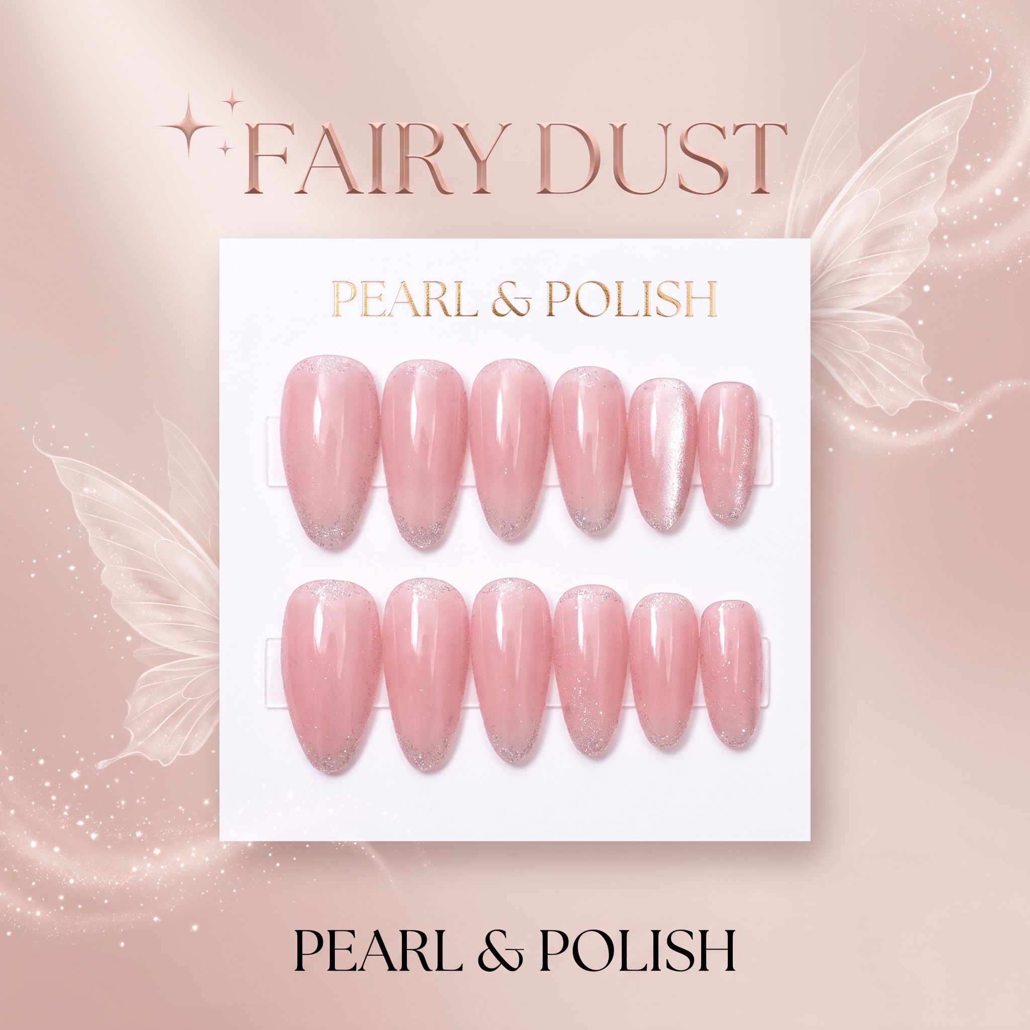 Pink Shimmer Almond Press-On Nails displayed on a Pearl & Polish product card