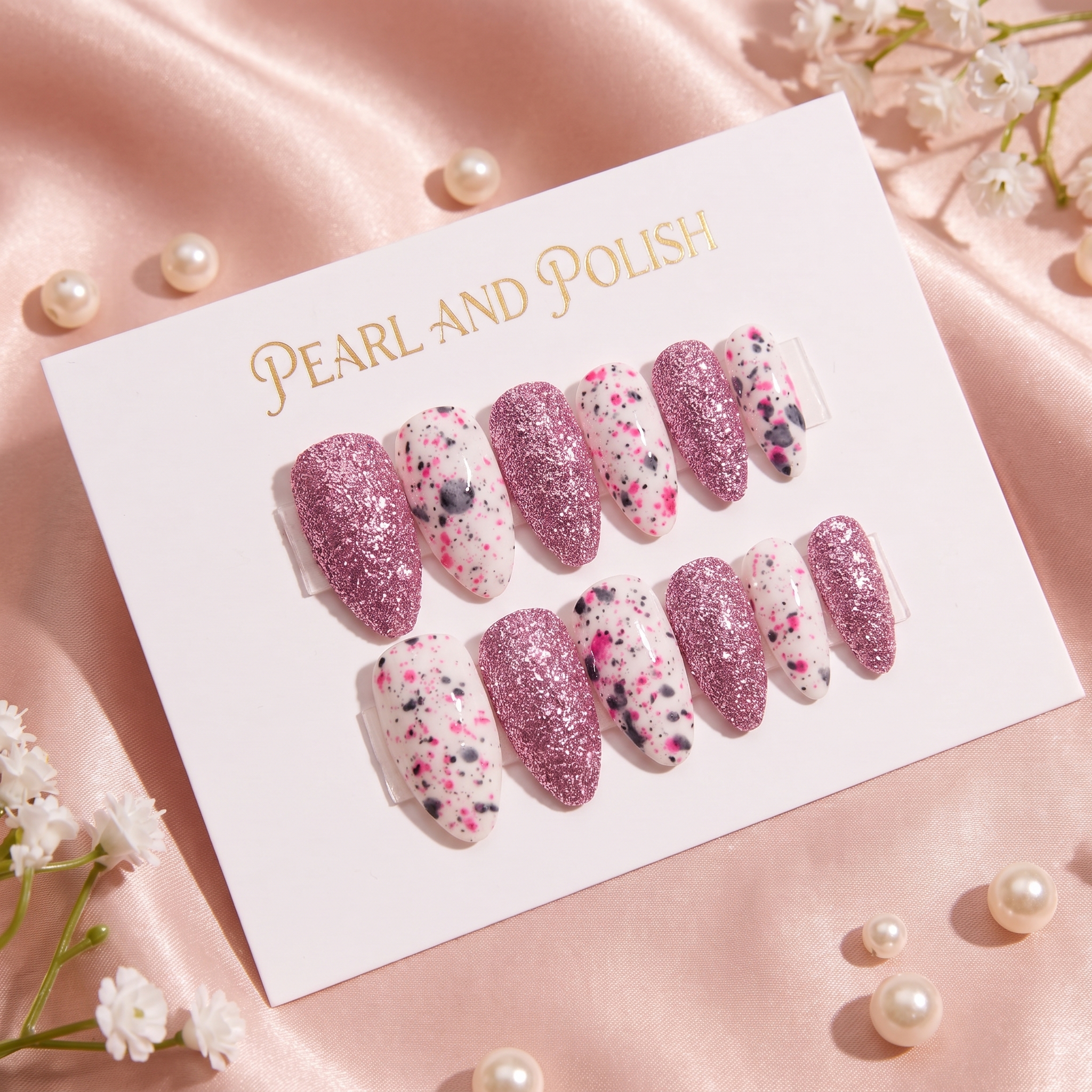 Pink Floral Glitter Almond Press-On Nails displayed on a Pearl & Polish product card