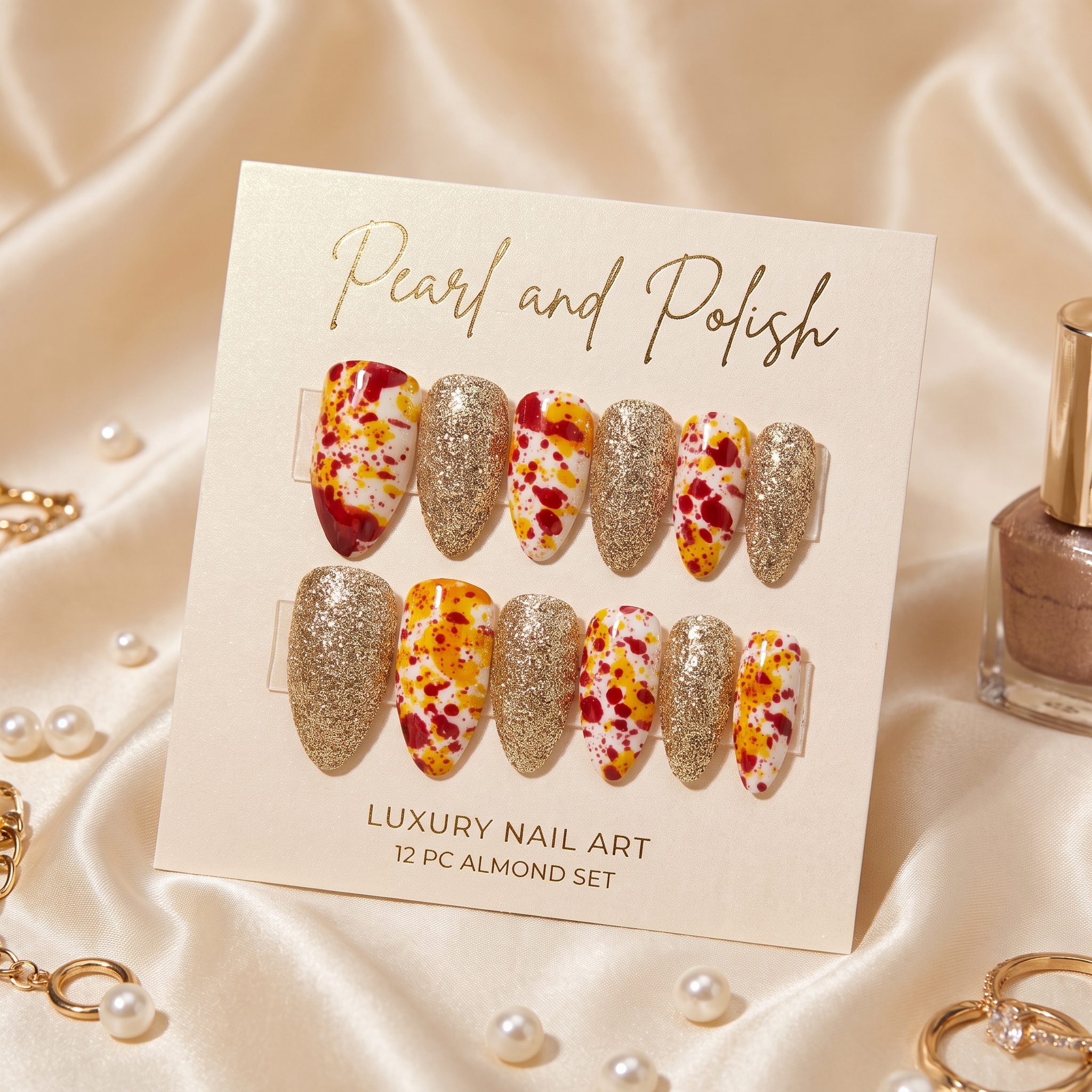 Gold Floral Glitter Almond Press-On Nails displayed on a Pearl & Polish product card