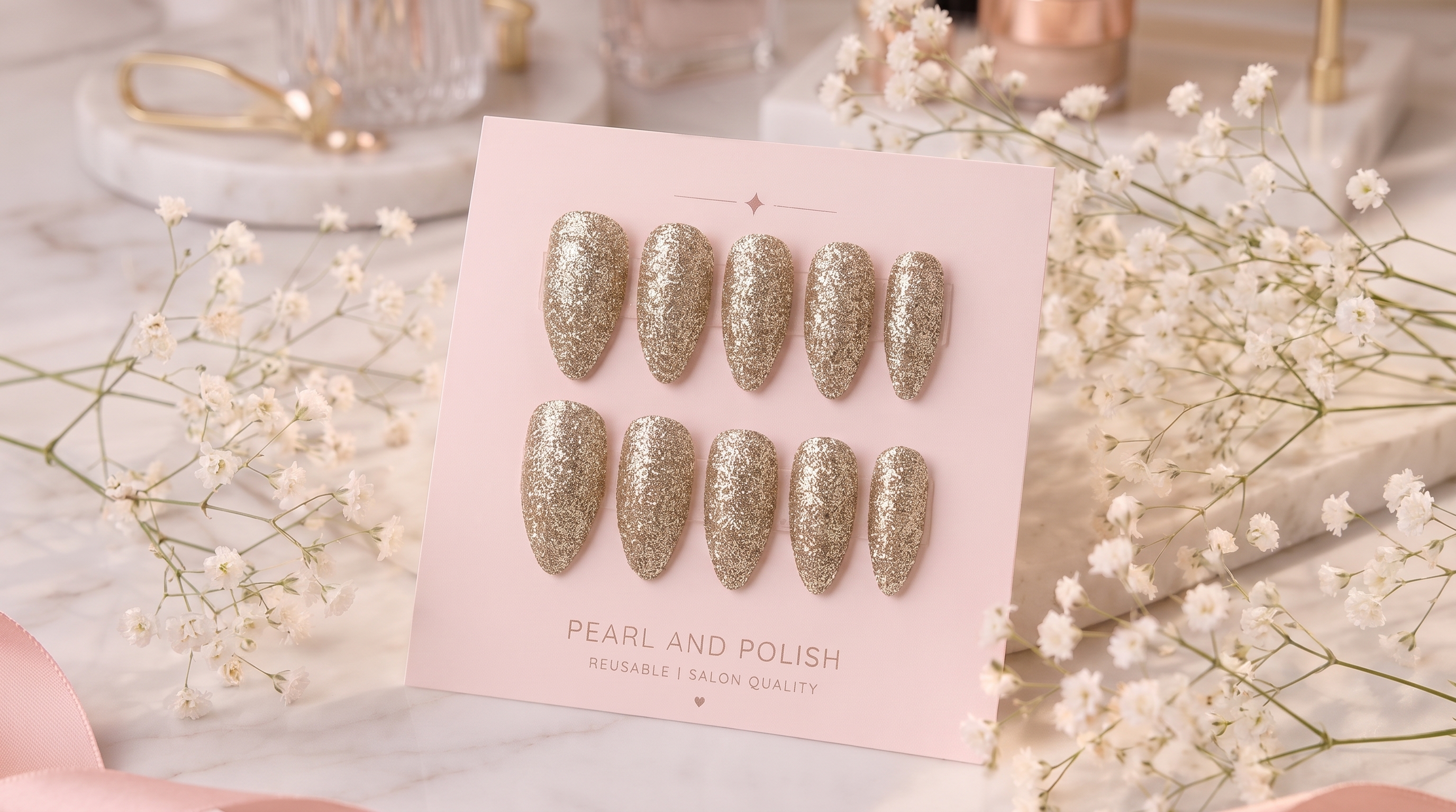 Golden Hour: gold glitter almond press-on nails, displayed on a pink Pearl & Polish card