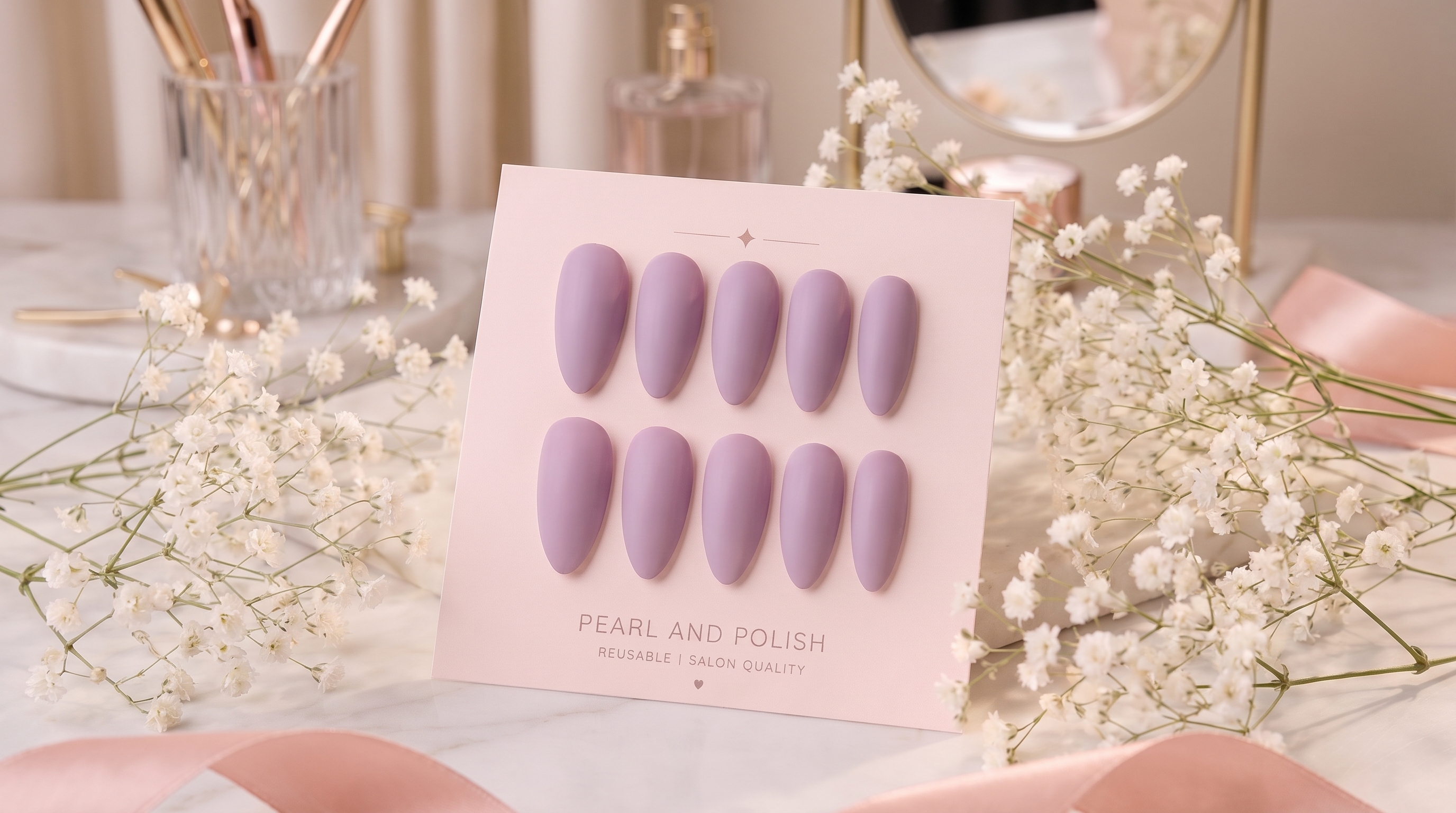 Lavender Haze: lavender matte almond press-on nails, displayed on a pink Pearl & Polish card