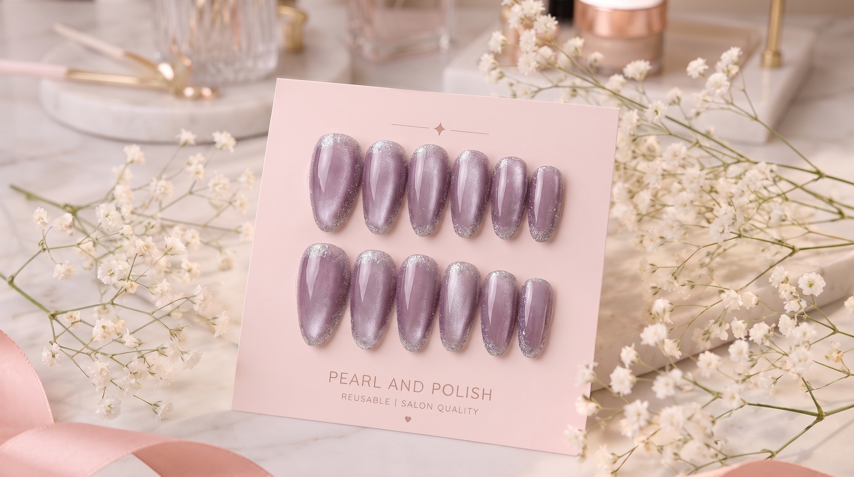 Lilac Aura: lilac cat-eye almond press-on nails, displayed on a pink Pearl & Polish card