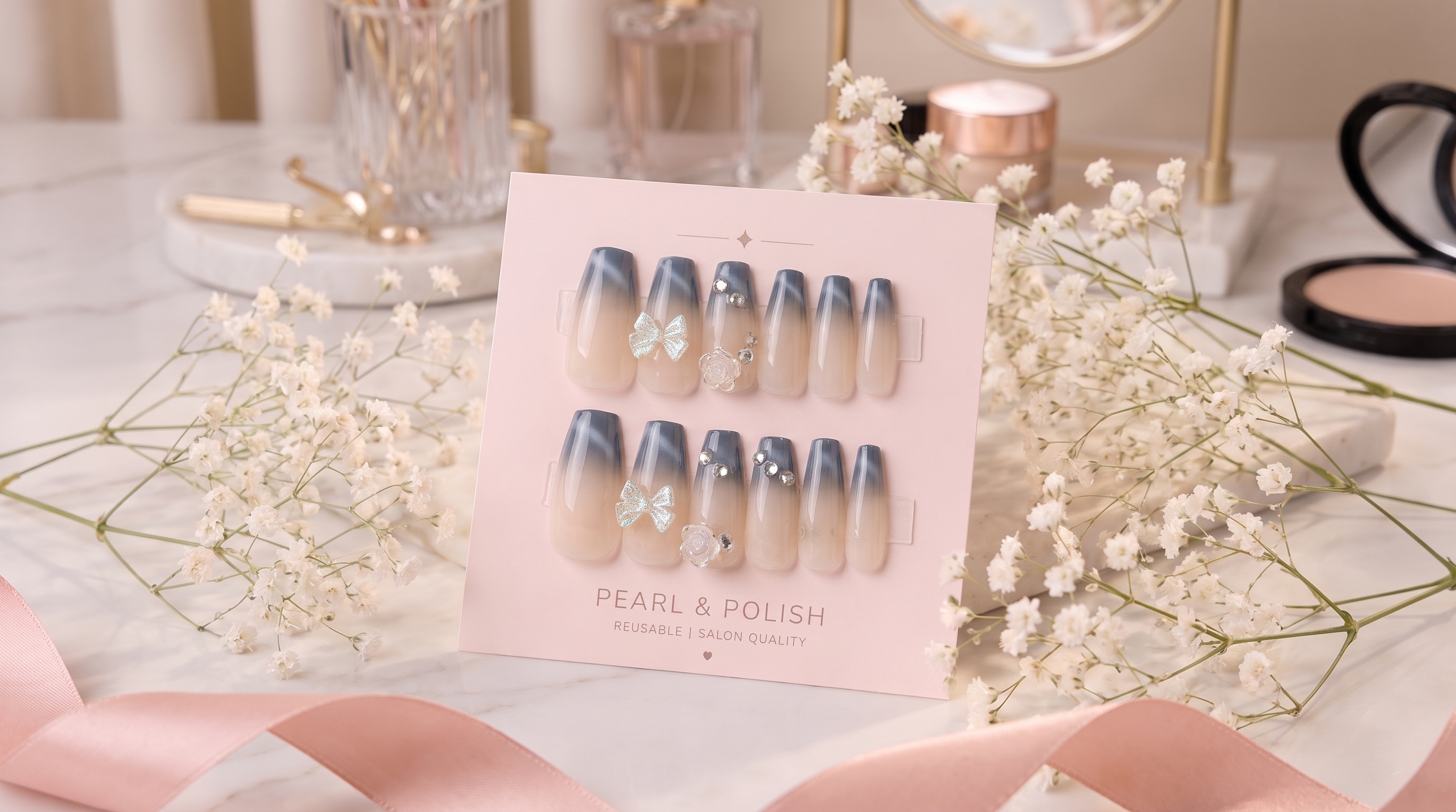 Midnight Bow: blue ombre coffin press-on nails with bows, displayed on a pink Pearl & Polish card
