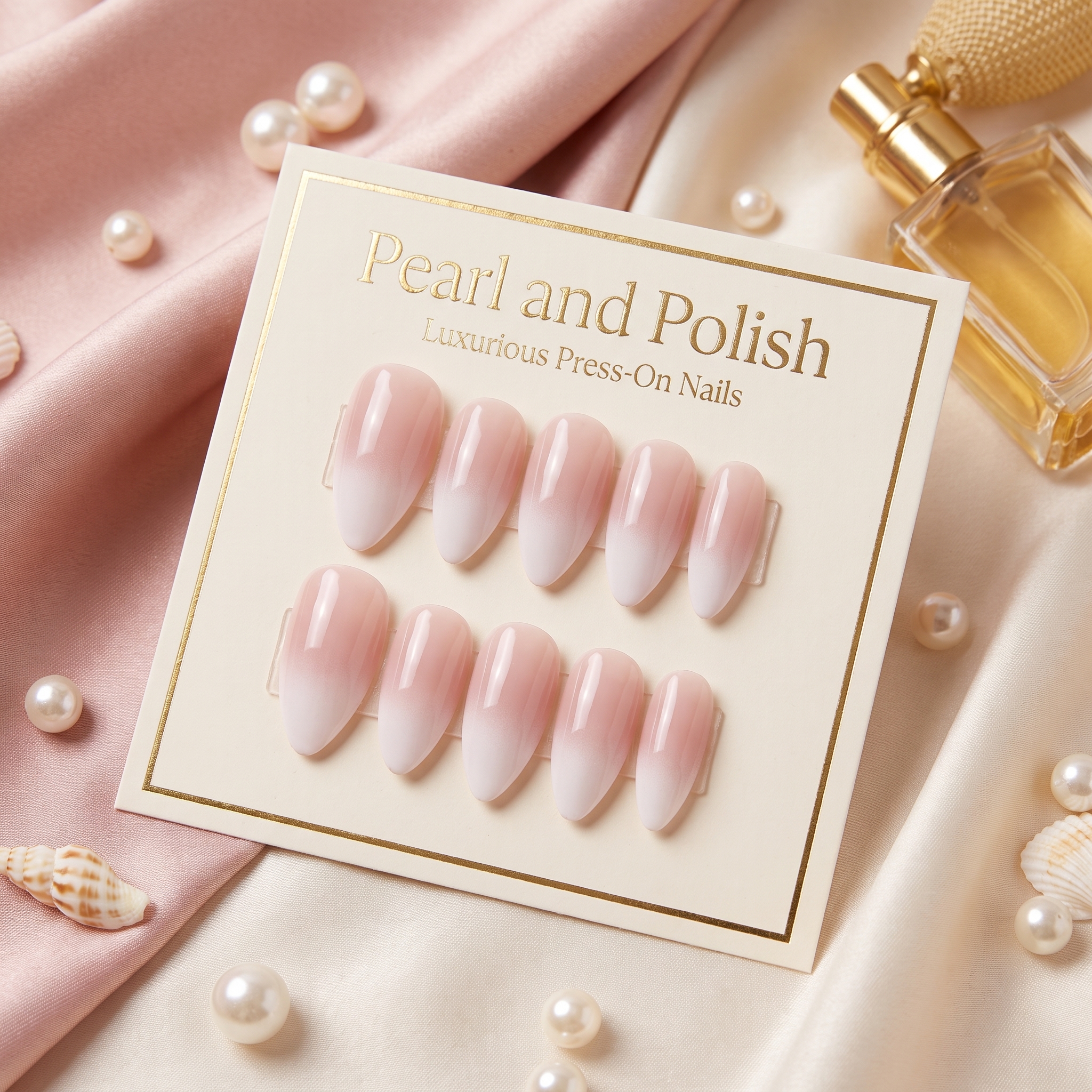Pink White Ombre Almond Press-On Nails displayed on a Pearl & Polish product card