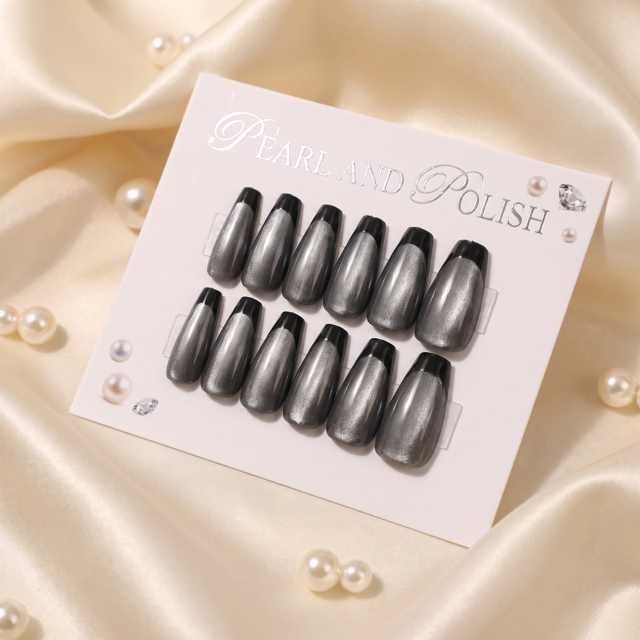Black Silver Cat-Eye Coffin Press-On Nails displayed on a Pearl & Polish product card