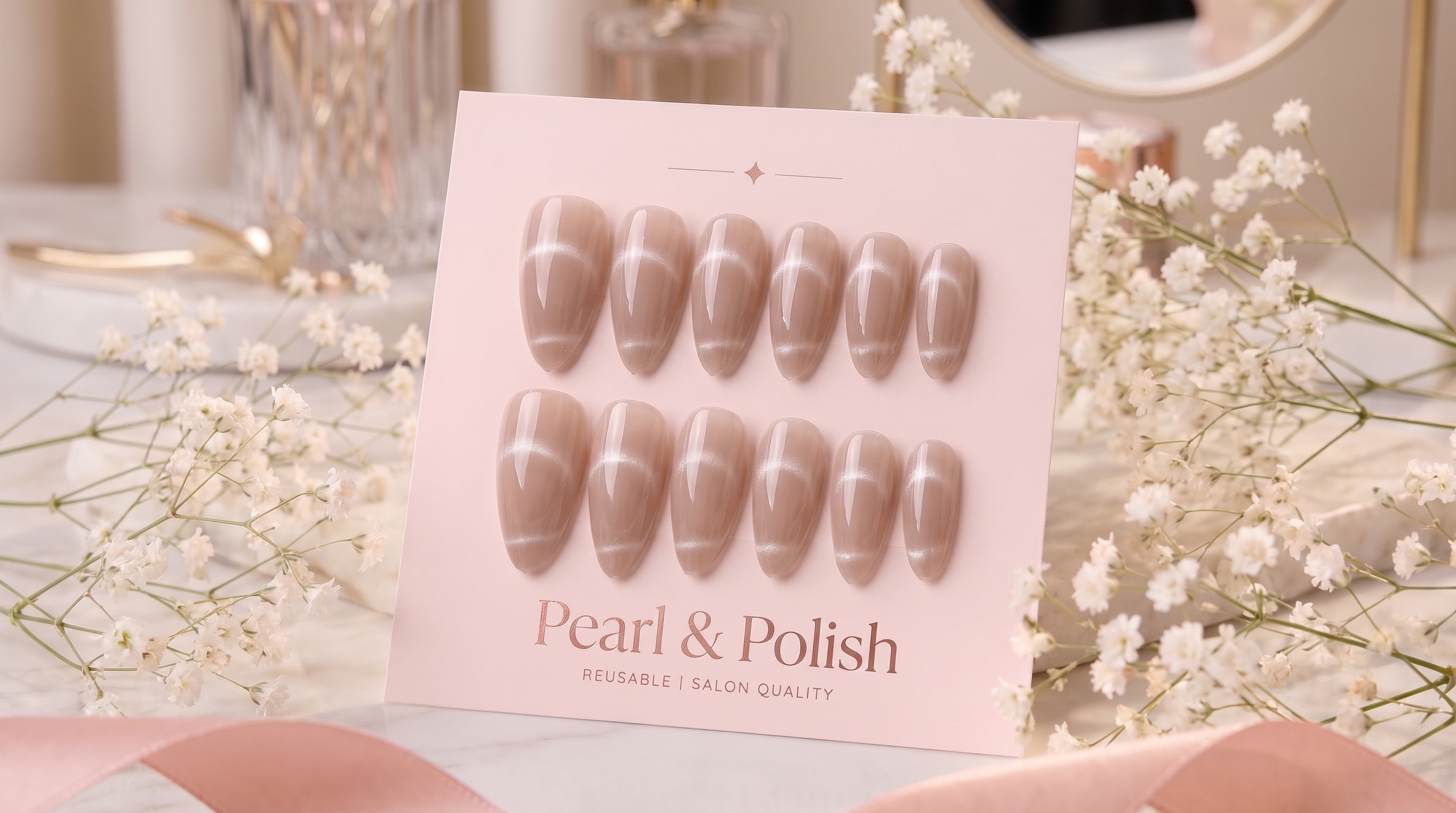 Nude Halo: nude cat-eye almond press-on nails, displayed on a pink Pearl & Polish card