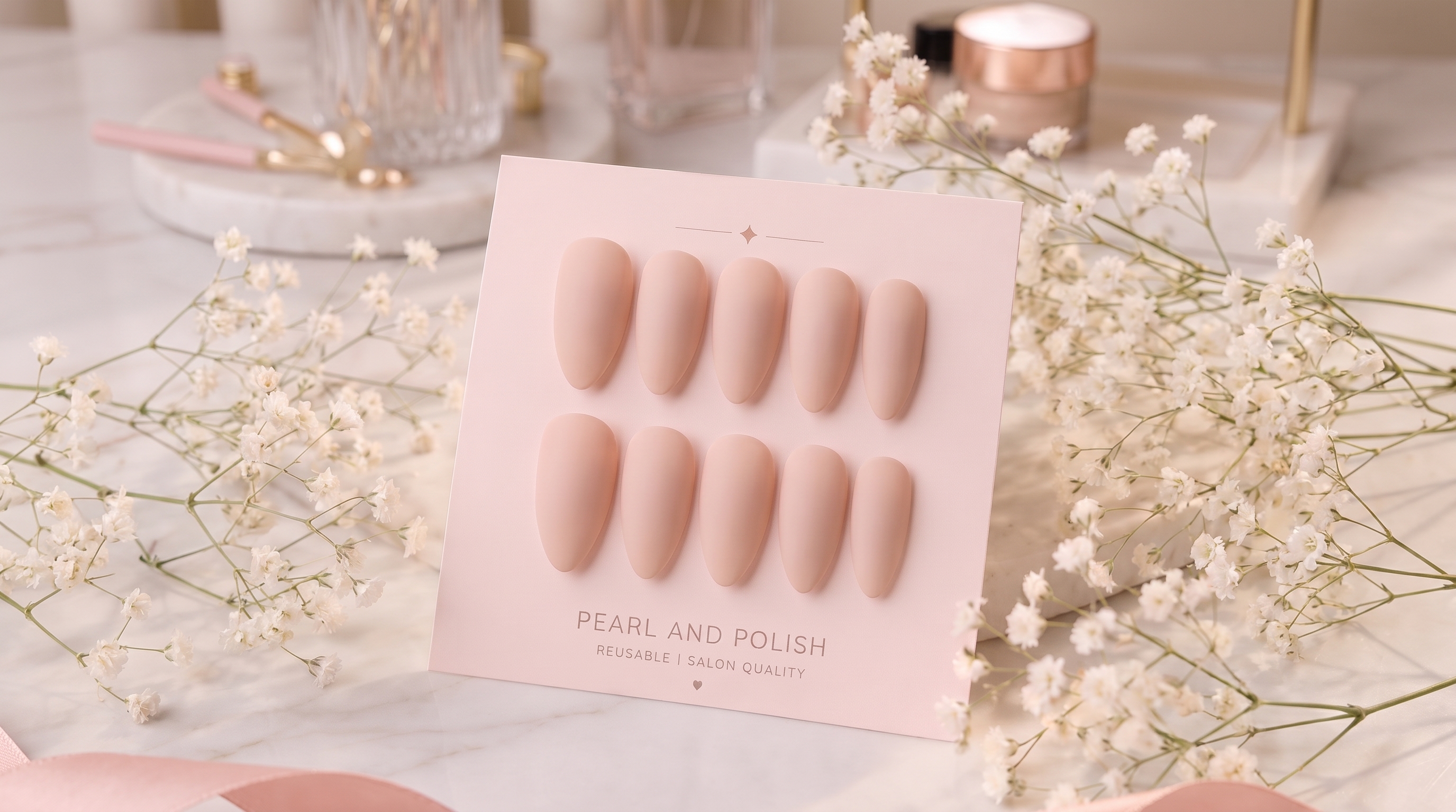 Peach Whisper: peach nude matte almond press-on nails, displayed on a pink Pearl & Polish card