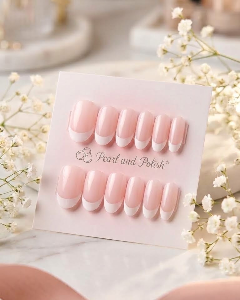 Pink White French Tip Press-On Nails displayed on a Pearl & Polish product card