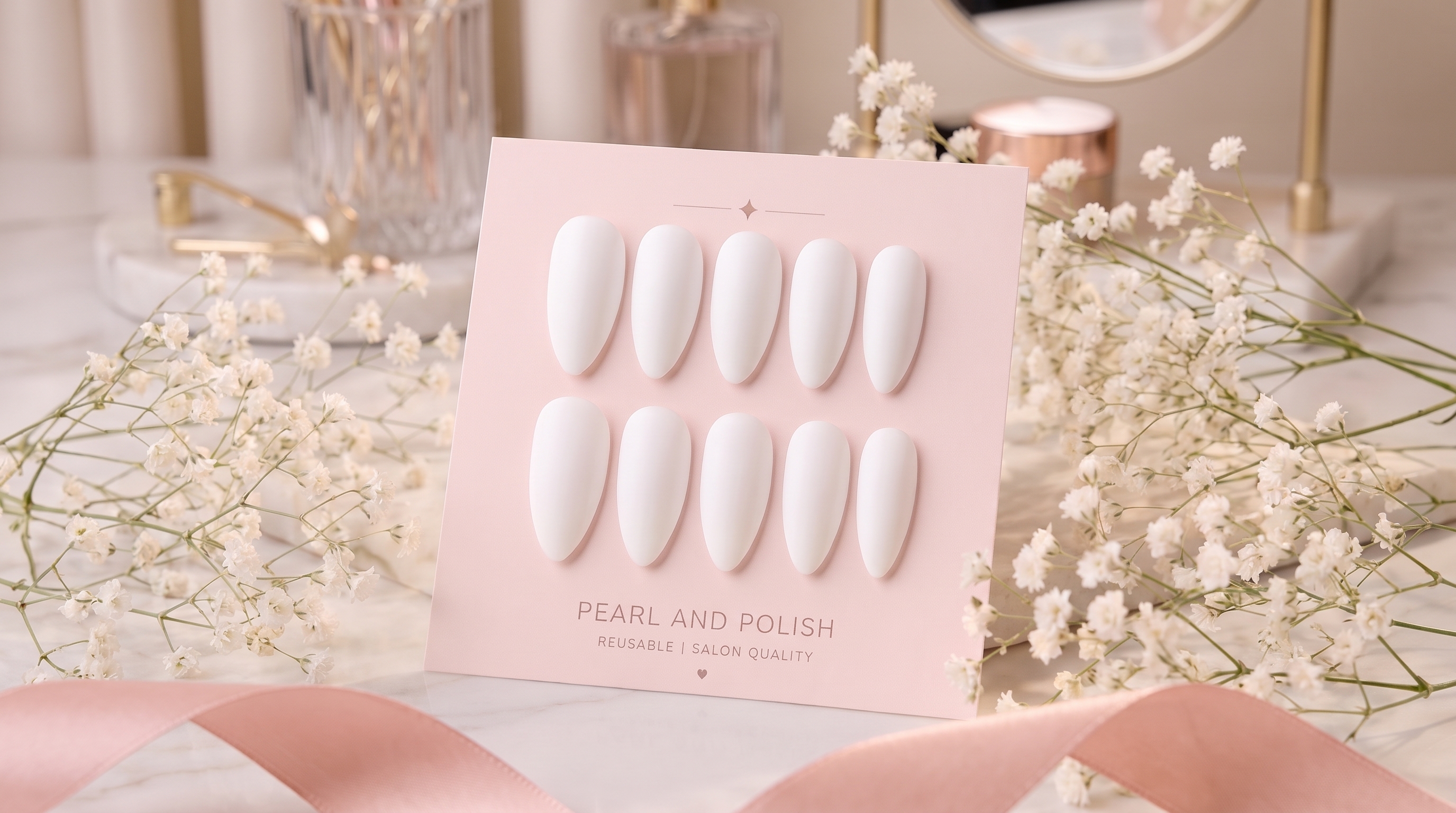 Porcelain White: white matte almond press-on nails, displayed on a pink Pearl & Polish card