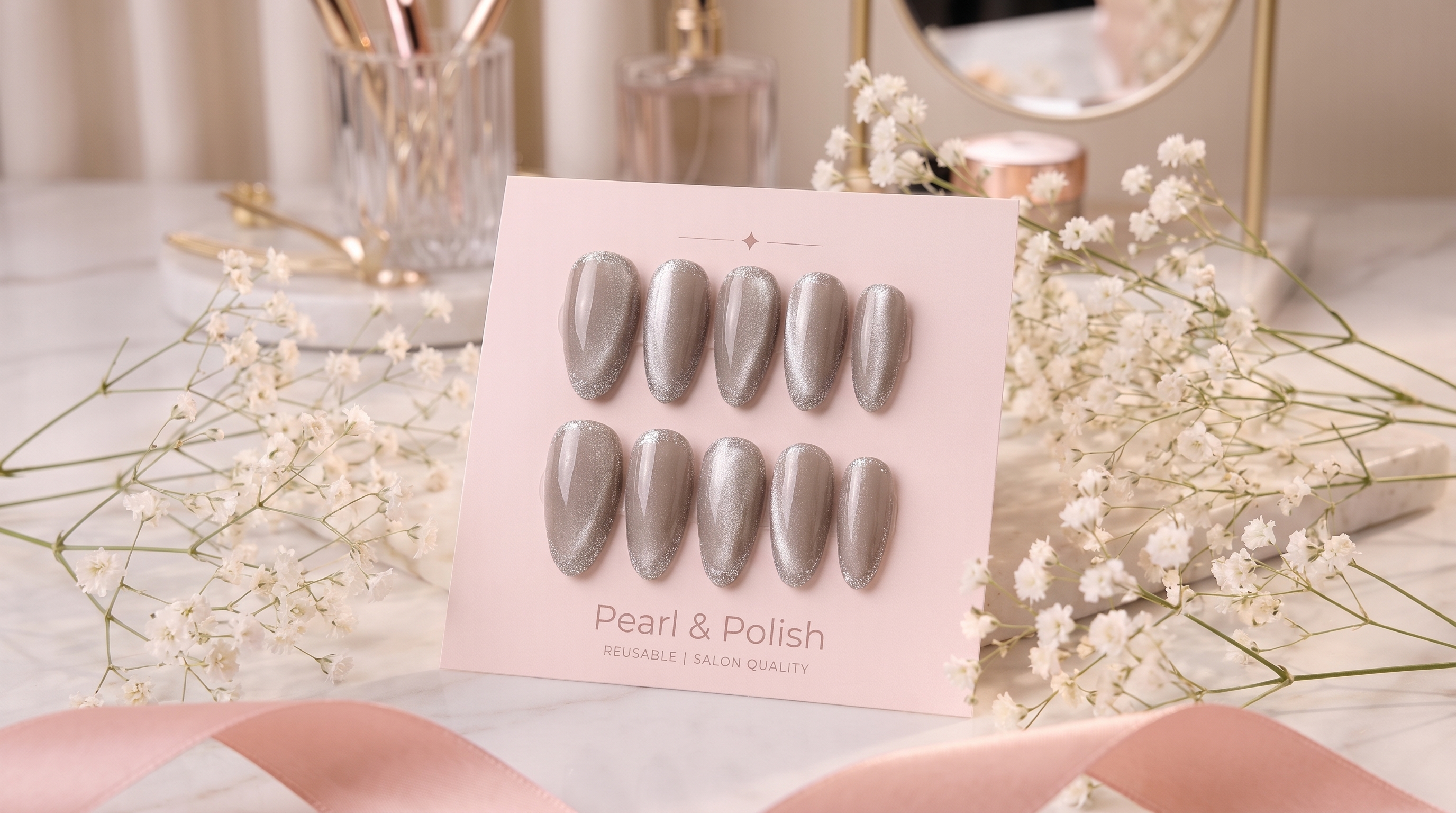 Silver Veil: silver taupe cat-eye press-on nails, displayed on a pink Pearl & Polish card