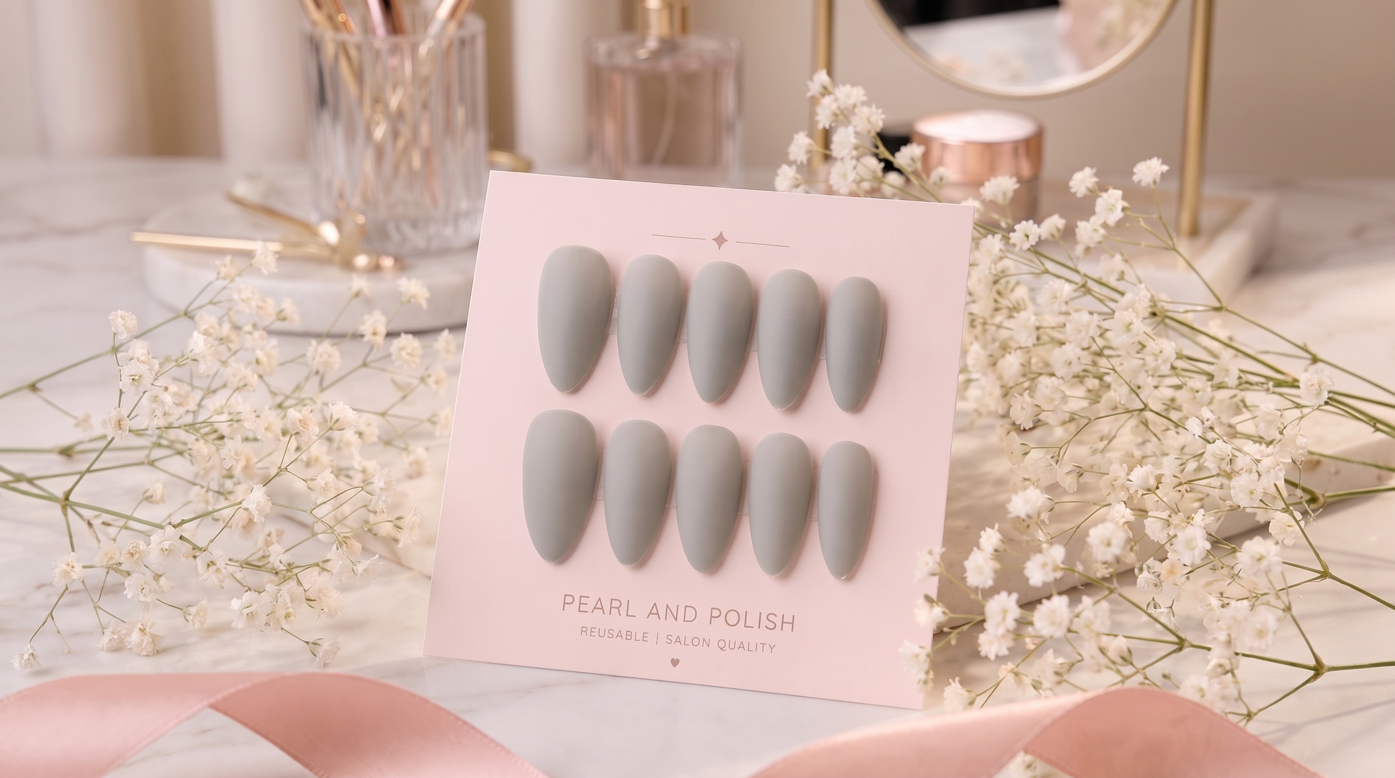 Stone Muse: grey matte almond press-on nails, displayed on a pink Pearl & Polish card