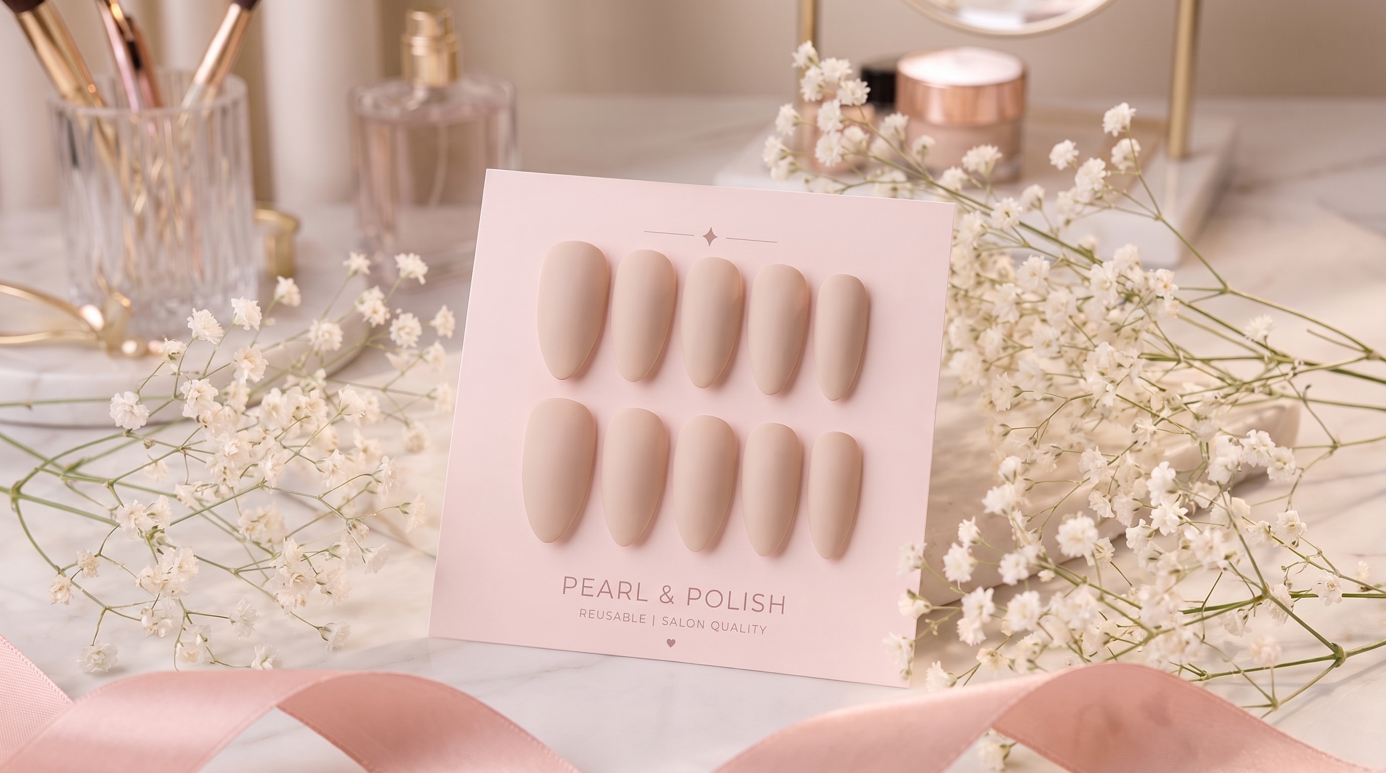Vanilla Nude: beige nude matte almond press-on nails, displayed on a pink Pearl & Polish card